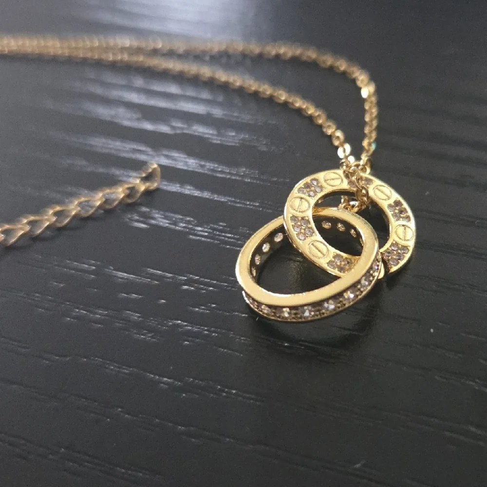 18K Gold Plated with Stones Interlocking Rings Necklace